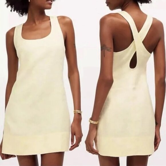 NWOT MADEWELL Mini Dress Size 4 Pale Yellow 100% Linen Cross Back A-Line - Picture 1 of 5